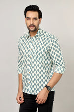Load image into Gallery viewer, White &amp; Teal Sanganeri Paisley Print Cotton Shirt for Men