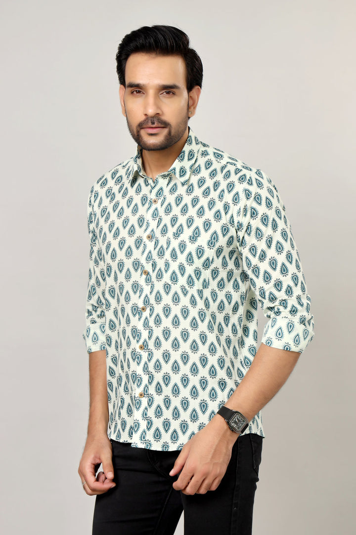 White & Teal Sanganeri Paisley Print Cotton Shirt for Men