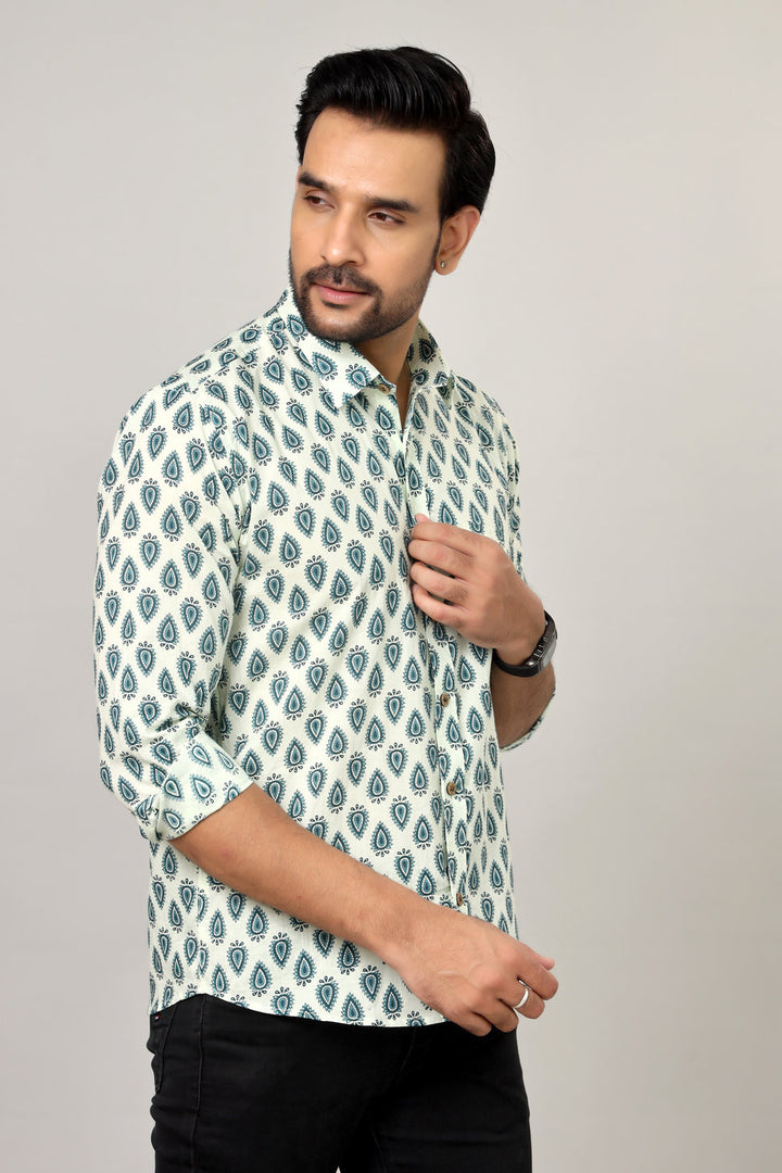 White & Teal Sanganeri Paisley Print Cotton Shirt for Men