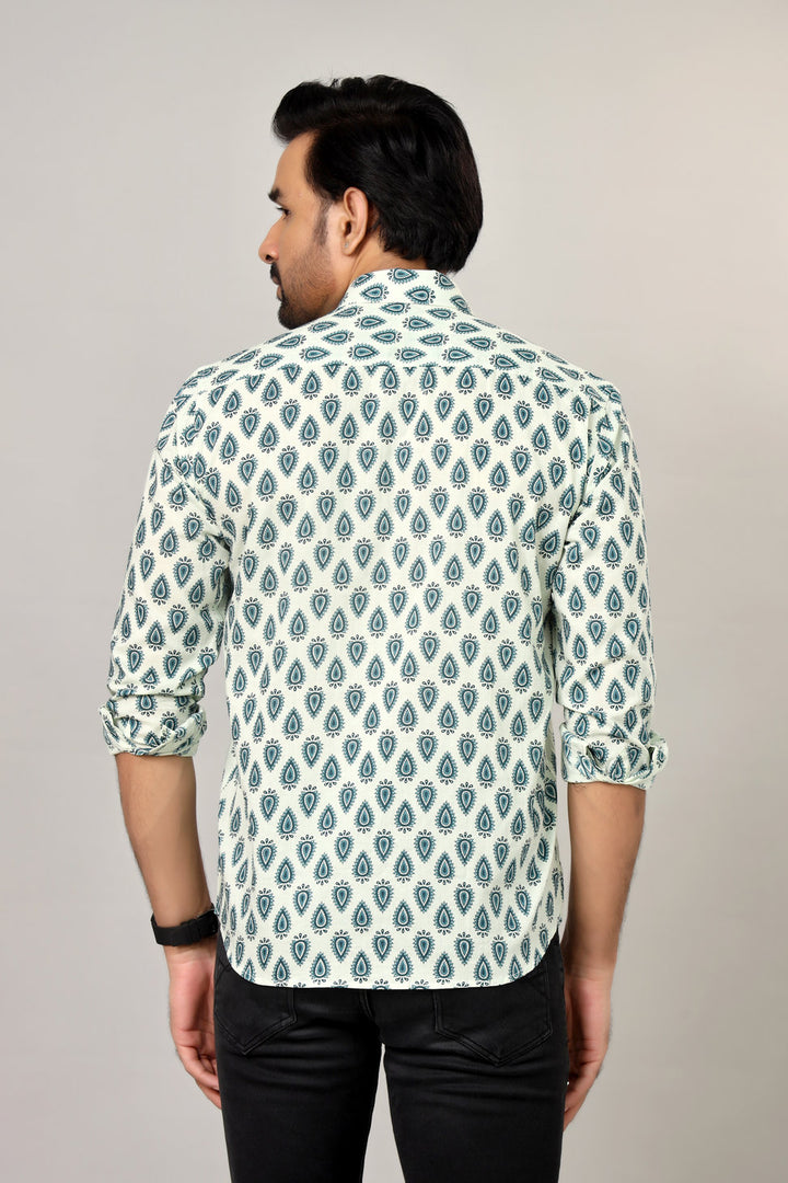 White & Teal Sanganeri Paisley Print Cotton Shirt for Men