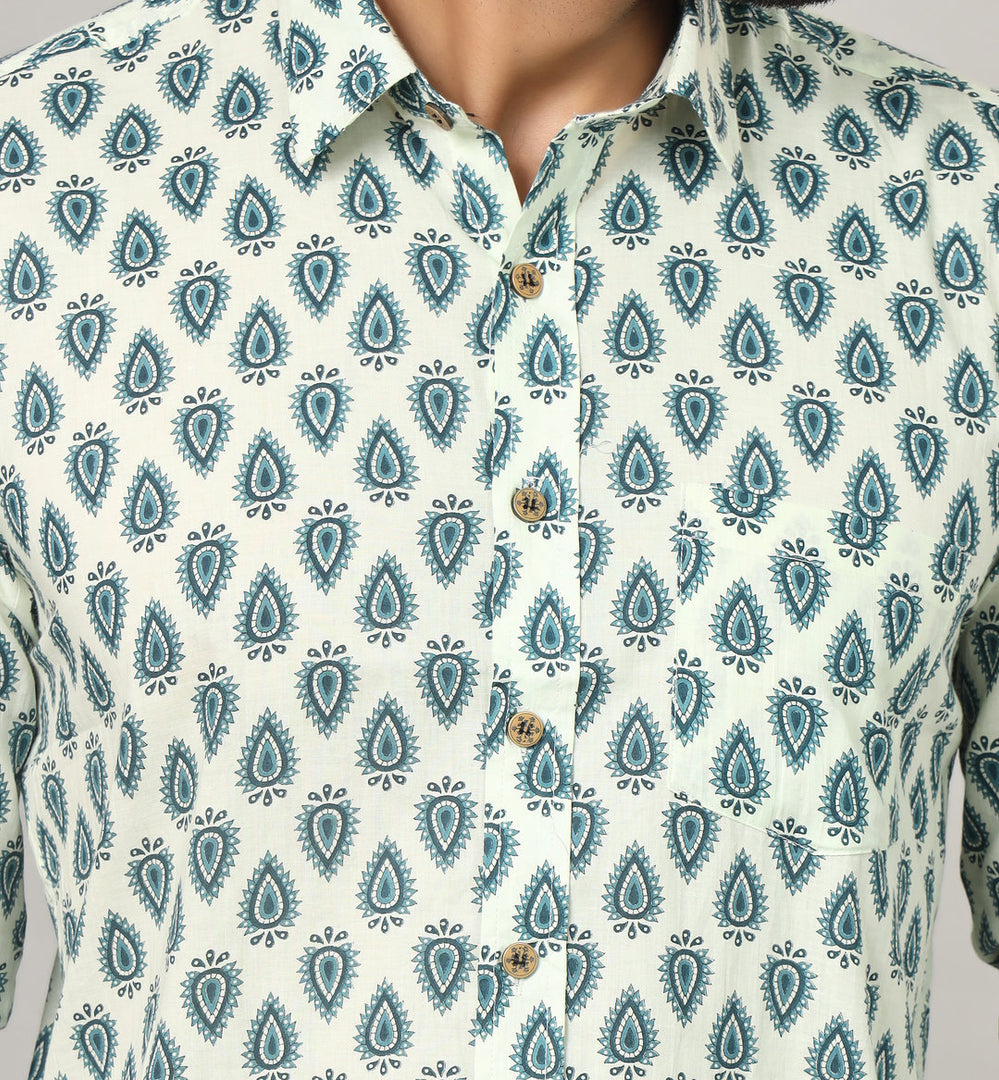 White & Teal Sanganeri Paisley Print Cotton Shirt for Men