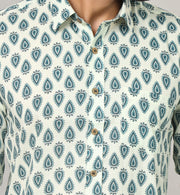 White & Teal Sanganeri Paisley Print Cotton Shirt for Men