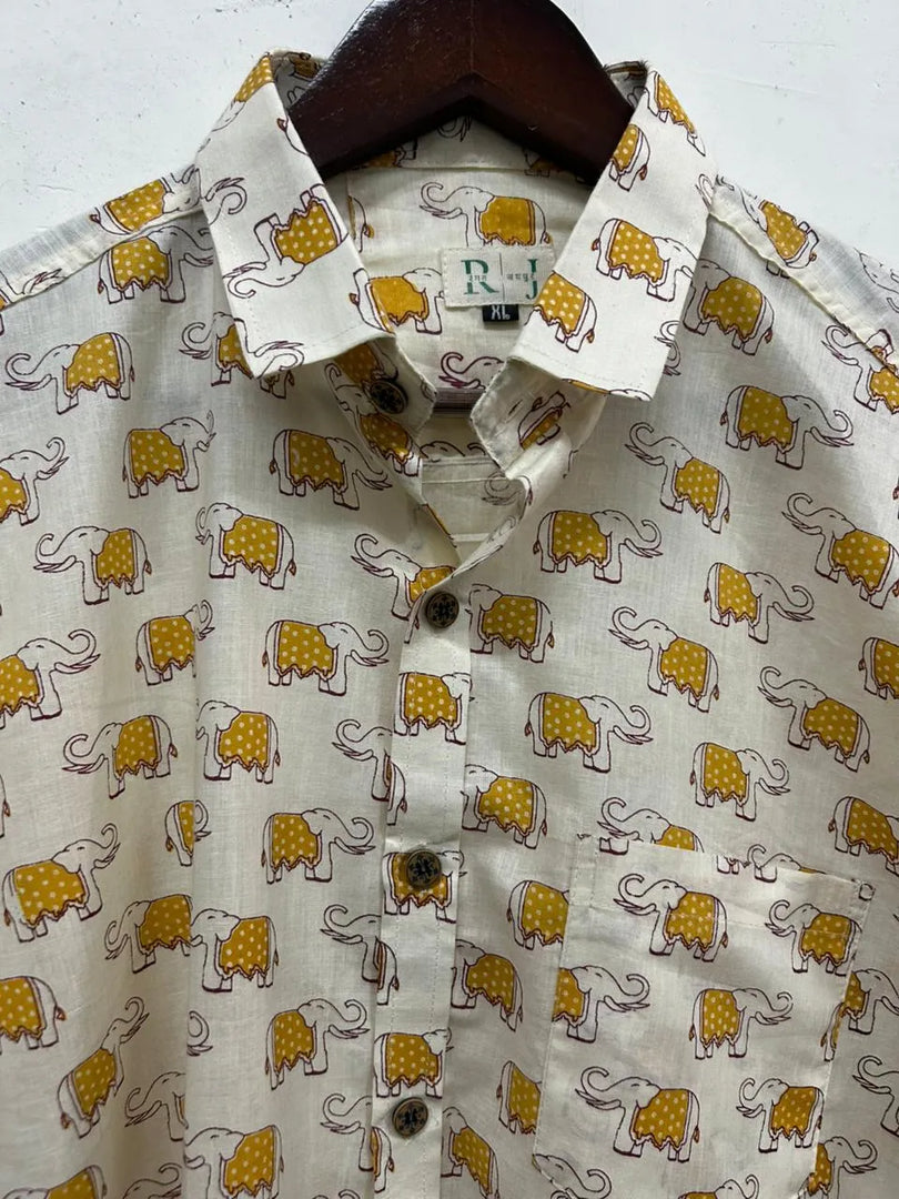 Elephant Motif Printed Shirt for Men – Off White Cotton Summer Shirt
