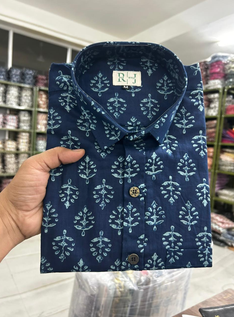 Navy Blue Traditional Handblock Cotton Shirt for Men