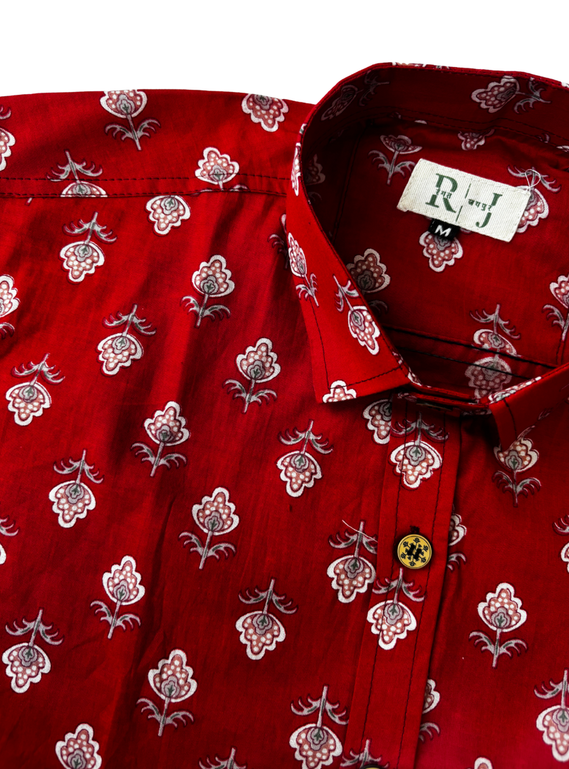 Men’s Red Floral Booti Print Shirt – Premium Soft Cotton