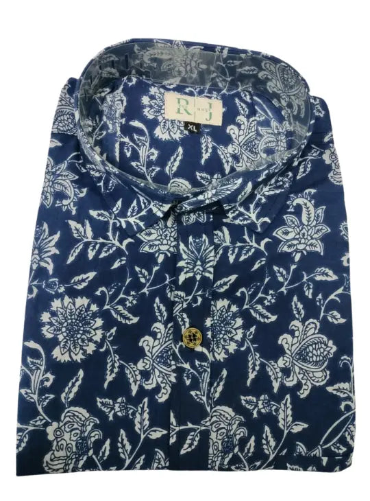 Men's Navy Blue Floral Print Cotton Shirt