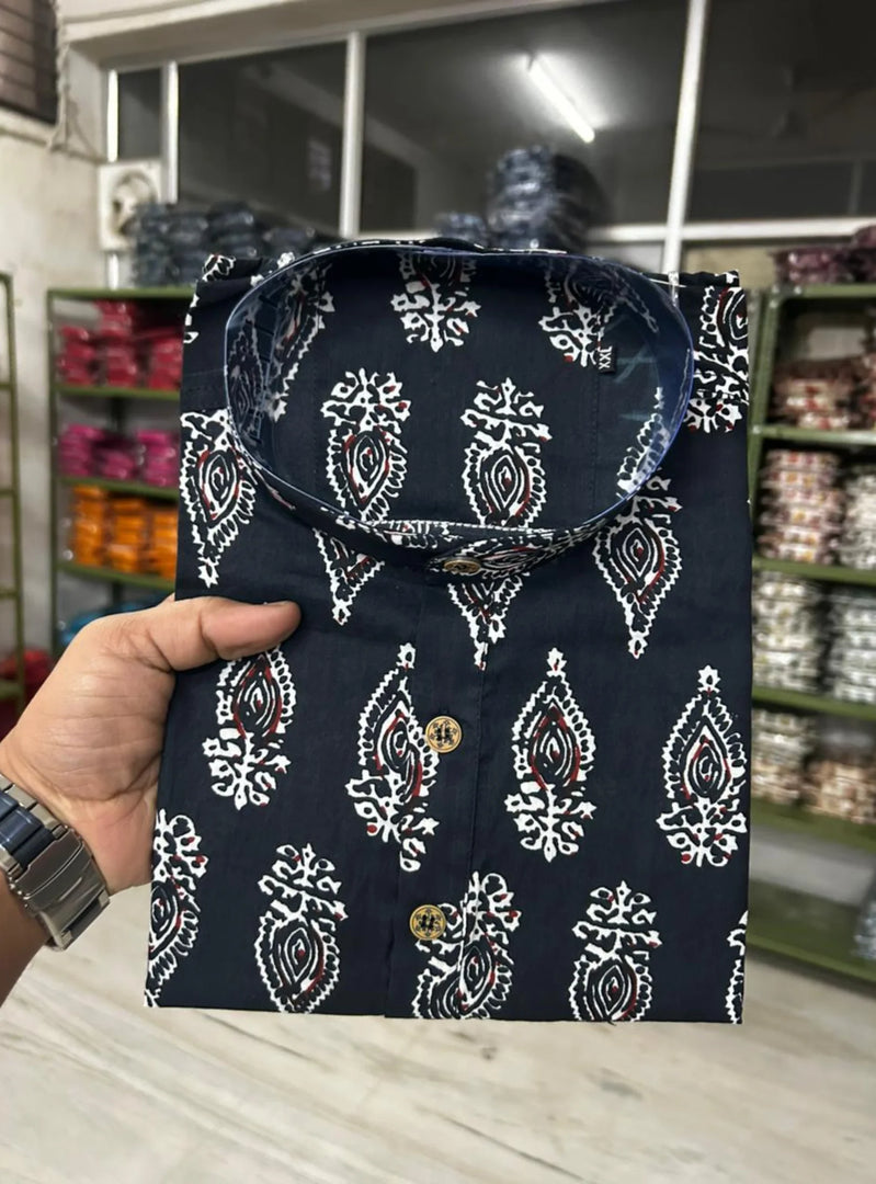 Black Paisley Print Sanganeri Cotton Short Kurta for Men