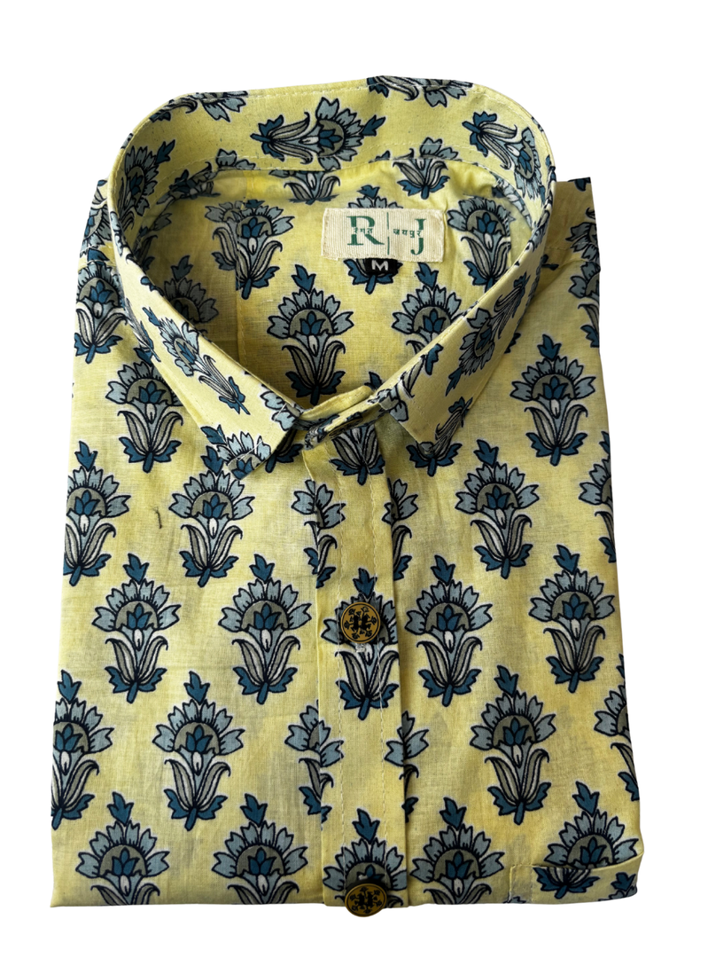 Lemon Yellow Sanganeri Floral Printed Cotton Shirt