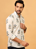 Load image into Gallery viewer, Men&#39;s Beige Floral Shirt – Blue &amp; Yellow Printed Casual Top
