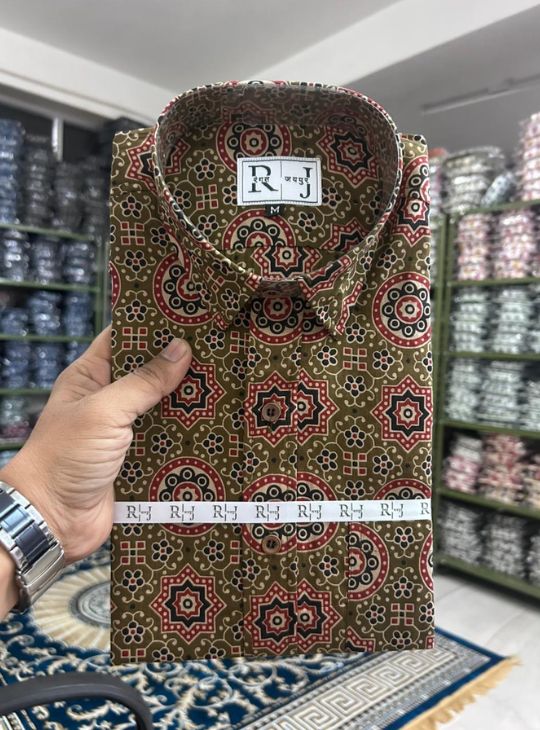 Men’s Brown Ethnic Geometric Print Cotton Shirt – Premium Casual Wear
