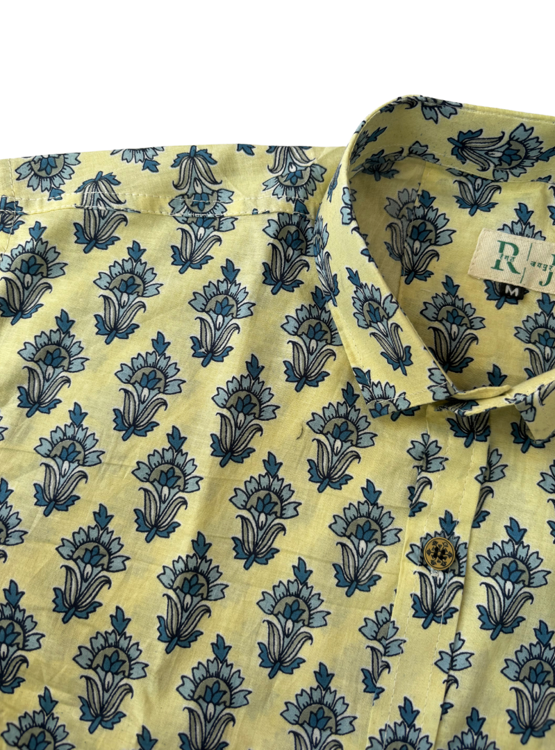 Lemon Yellow Sanganeri Floral Printed Cotton Shirt