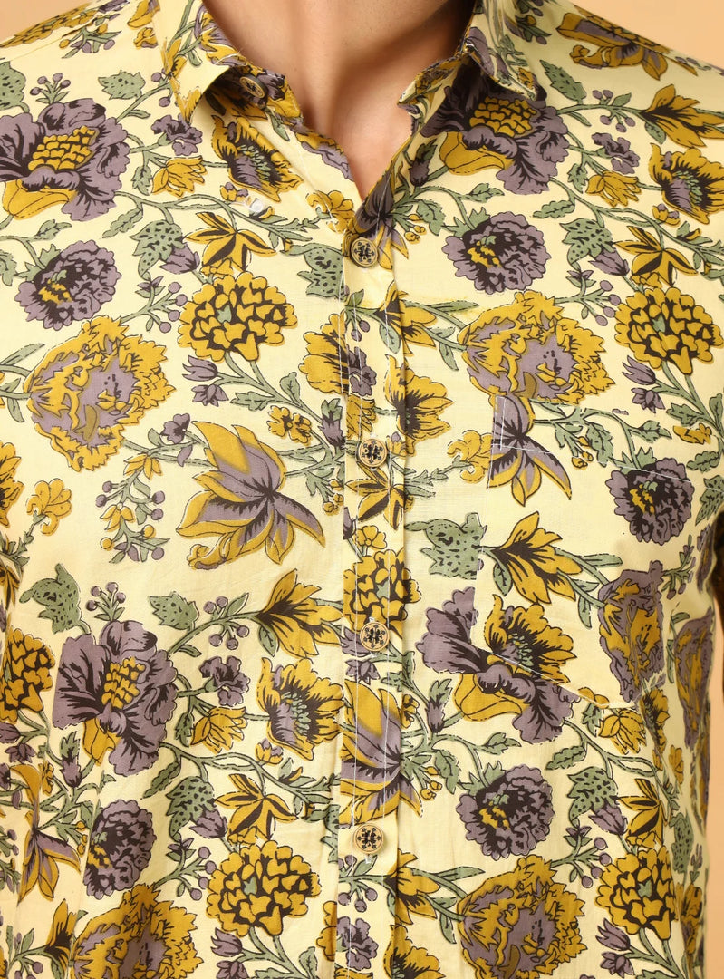 Premium Cotton Shirt – Yellow Floral Handblock Print