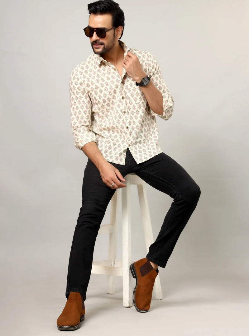 Buti Motif Light Base Traditional Print Casual Shirt