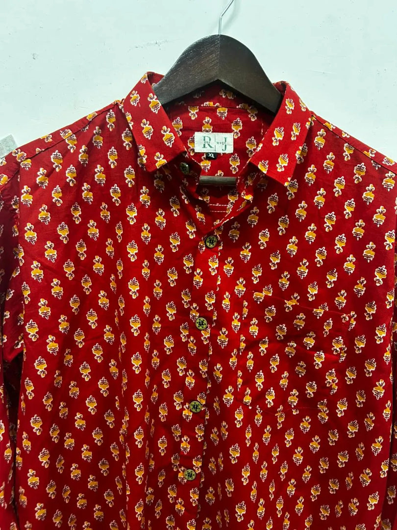 Men’s Red Floral Motif Print Casual Cotton Shirt | Rangat Jaipur