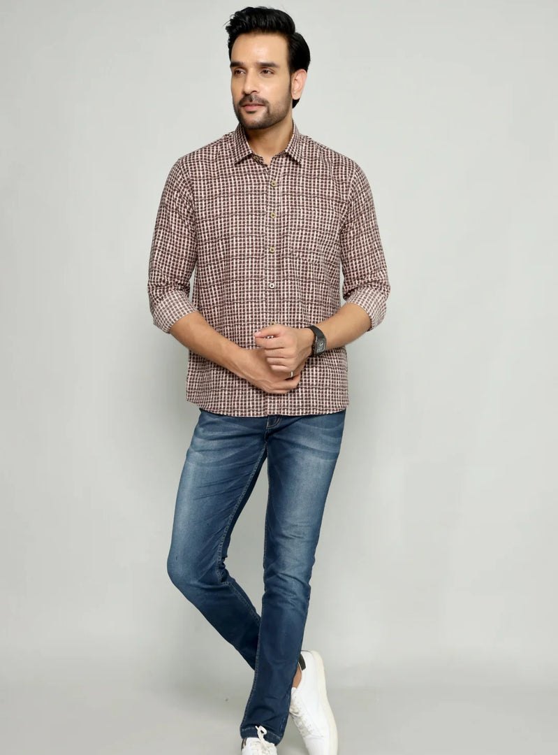 Men's Checked Shirt with Brown Tones - Classic Casual Style