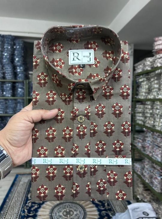 Men’s Brown Floral Block Print Cotton Shirt – Traditional Casual Style