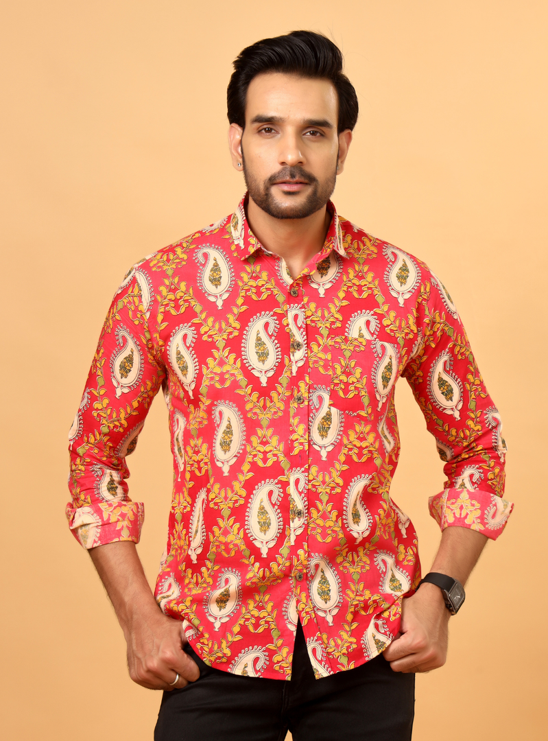 Pink Jaipuri Paisley Printed Cotton Shirt for Men