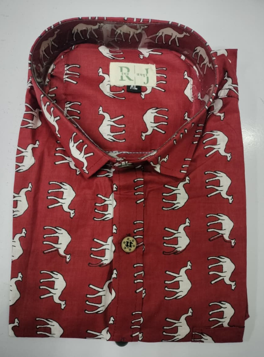 Red Camel Motif Printed Cotton Shirt