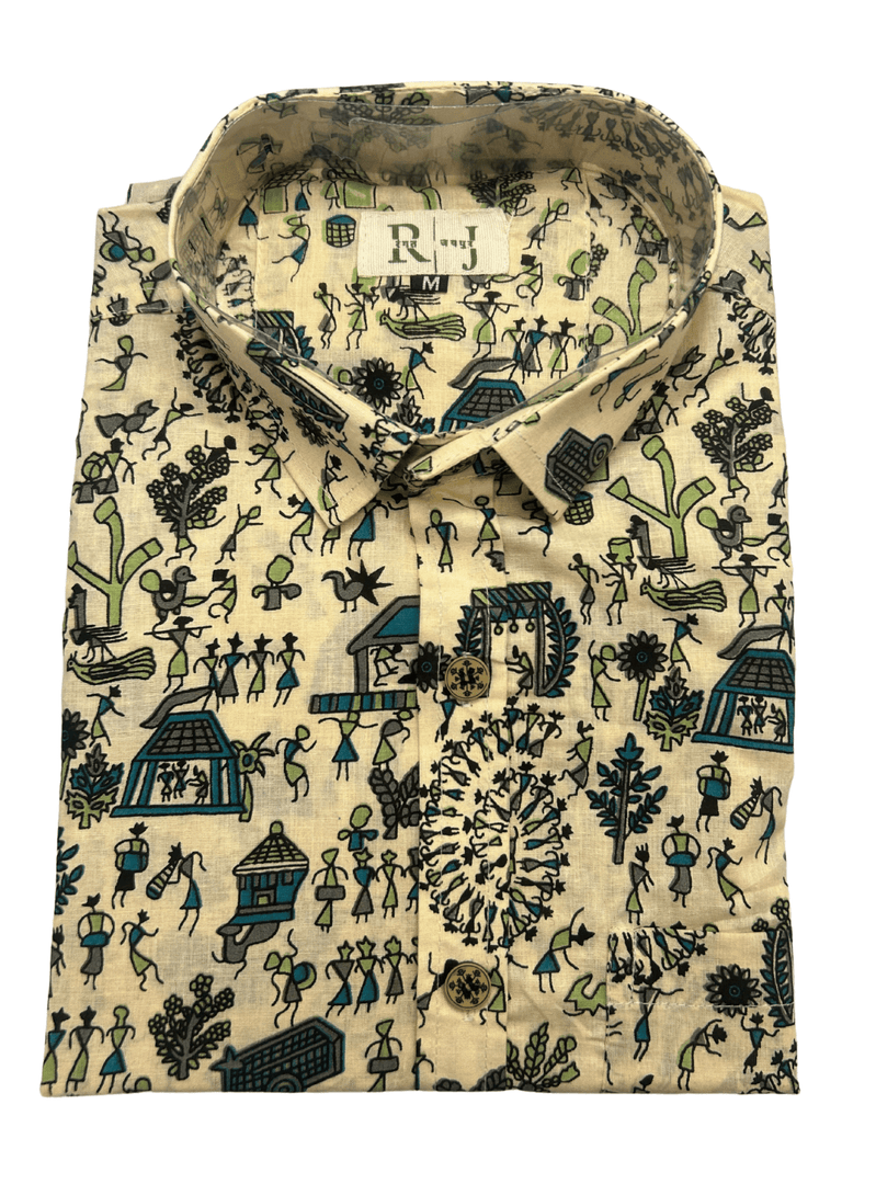 Sanganeri Beige Print Shirt - Tribal Village Portrait