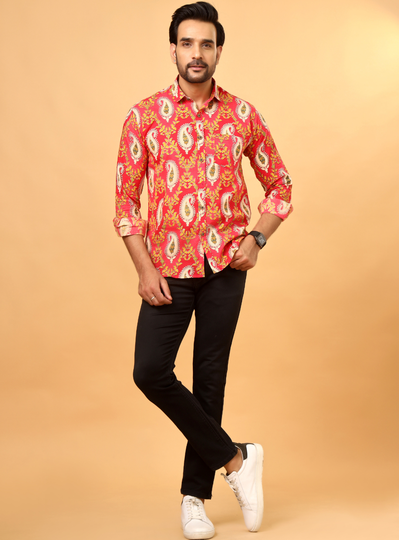Pink Jaipuri Paisley Printed Cotton Shirt for Men