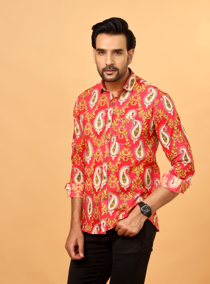 Pink Jaipuri Paisley Printed Cotton Shirt for Men