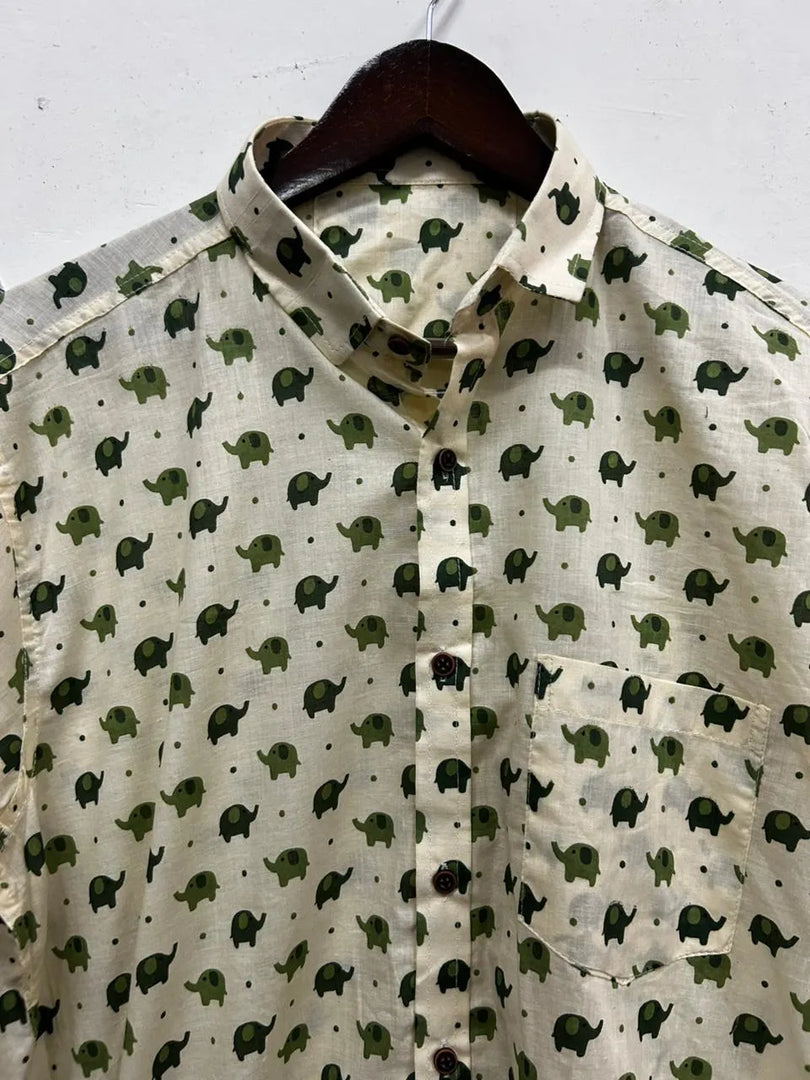 Olive Green Elephant Print Shirt – Men’s Ethnic Cotton Shirt