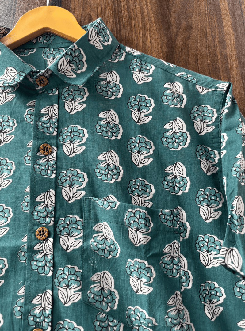 Handcrafted Teal Cotton Shirt – Traditional Indian Print