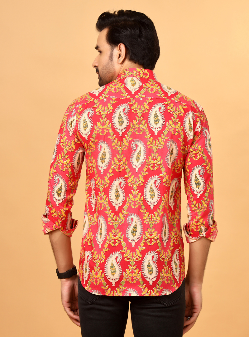 Pink Jaipuri Paisley Printed Cotton Shirt for Men