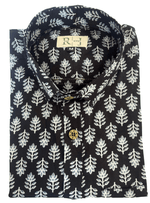 Load image into Gallery viewer, Midnight Leaf – Black Sanganeri Handblock Cotton Shirt
