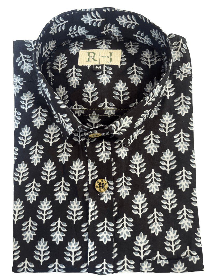 Midnight Leaf – Black Sanganeri Handblock Cotton Shirt