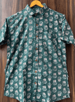 Load image into Gallery viewer, Handcrafted Teal Cotton Shirt – Traditional Indian Print
