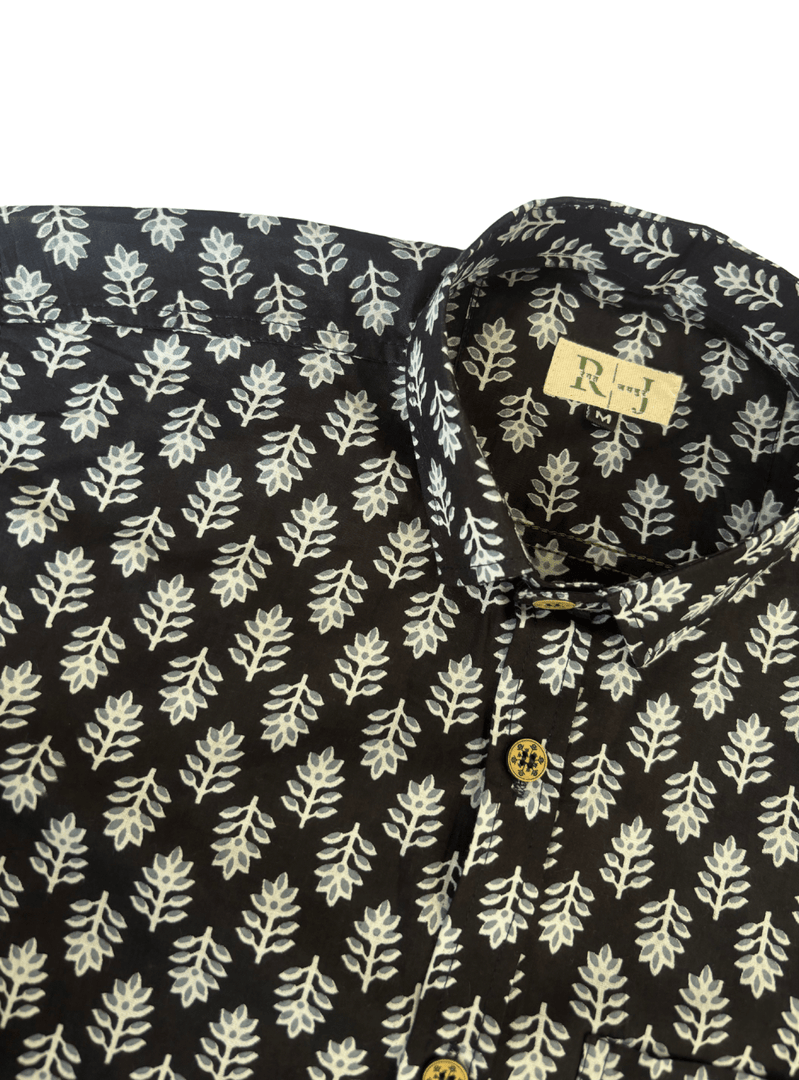 Midnight Leaf – Black Sanganeri Handblock Cotton Shirt