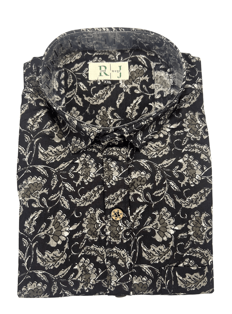 Black Sanganeri Print Shirt - Grey Floral Design