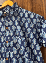 Load image into Gallery viewer, Men’s Casual Printed Cotton Shirt – Navy Blue with Leaf Design
