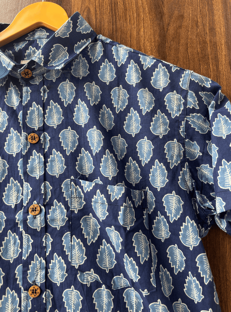 Men’s Casual Printed Cotton Shirt – Navy Blue with Leaf Design
