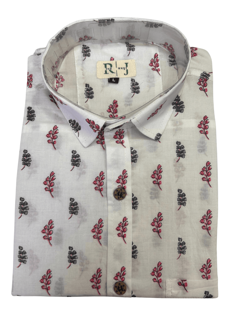 White Sanganeri Print Shirt - Red & Black Leaves