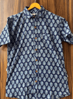 Load image into Gallery viewer, Men’s Casual Printed Cotton Shirt – Navy Blue with Leaf Design
