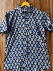 Men’s Casual Printed Cotton Shirt – Navy Blue with Leaf Design