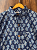 Load image into Gallery viewer, Men’s Casual Printed Cotton Shirt – Navy Blue with Leaf Design
