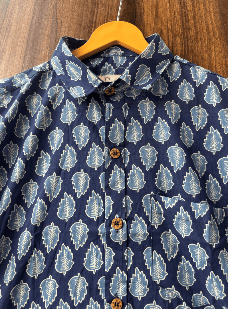 Men’s Casual Printed Cotton Shirt – Navy Blue with Leaf Design