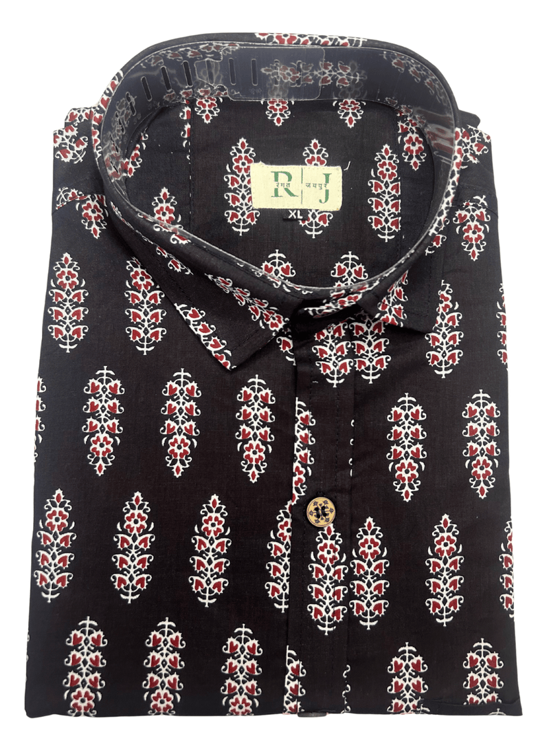 Black Floral Cotton Shirt - Classic Ethnic Design