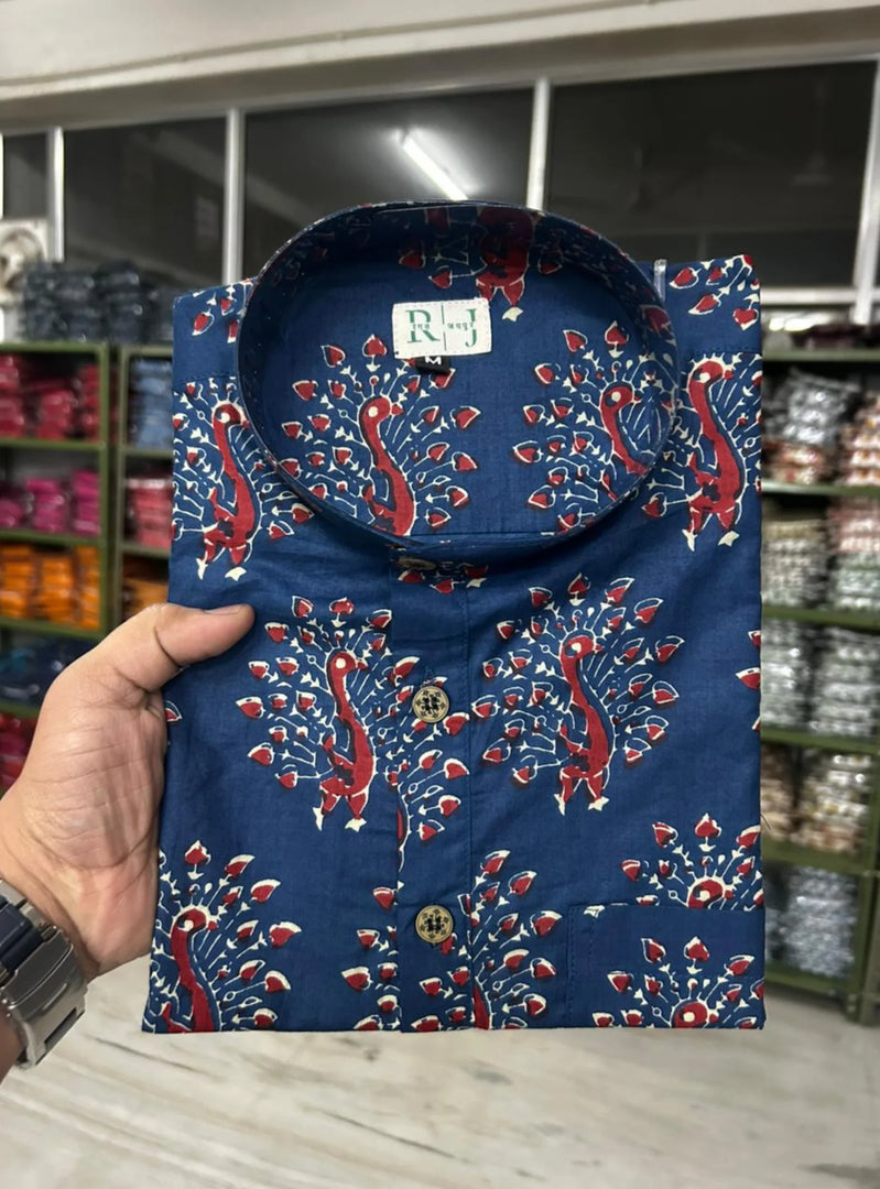 Royal Blue Peacock Print Short Kurta for Men – Cotton Ethnic Kurta