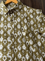 Load image into Gallery viewer, Olive Green Block Print Cotton Shirt – Traditional Handcrafted Design

