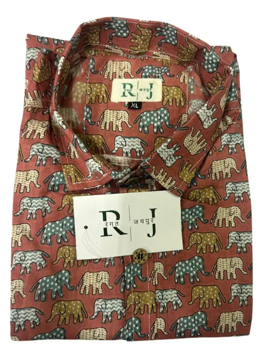 Men's Burnt Orange Elephant Print Cotton Shirt