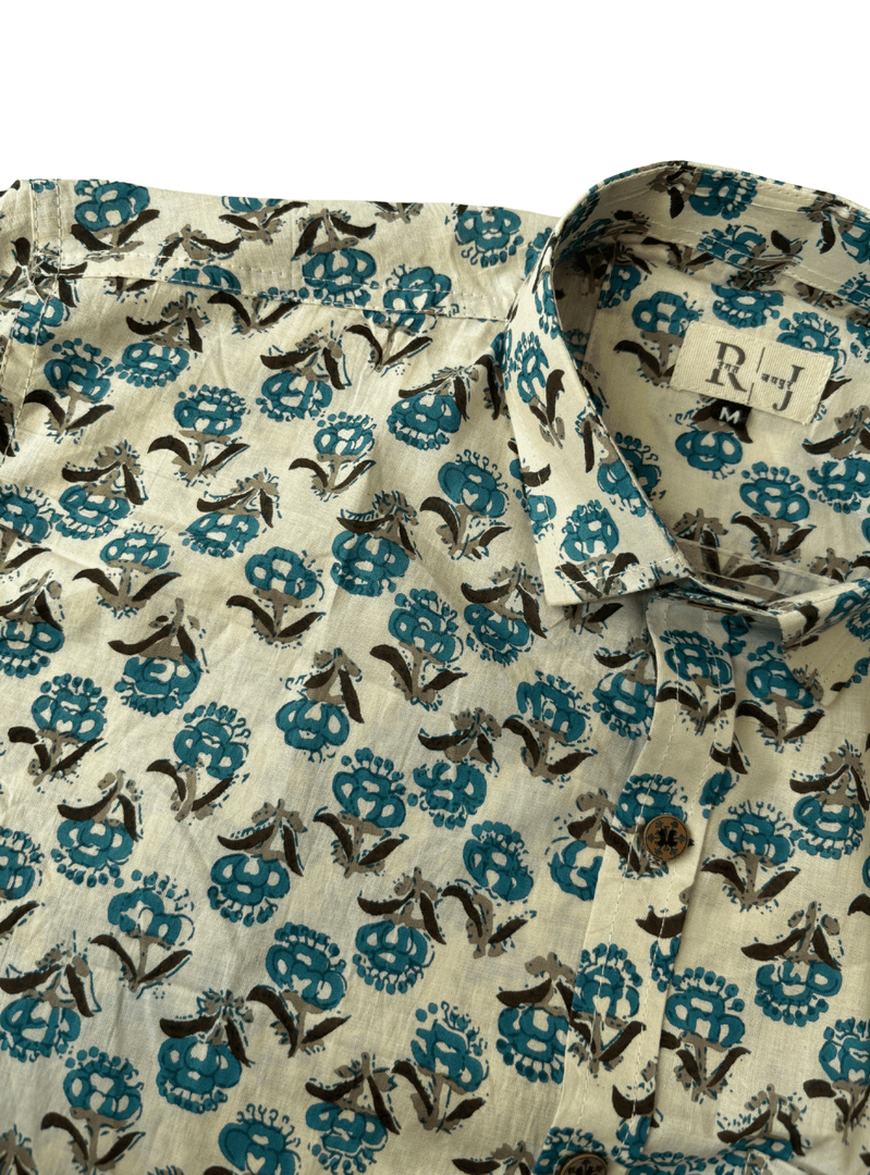 Beige & Blue Sanganeri Handblock Cotton Shirt