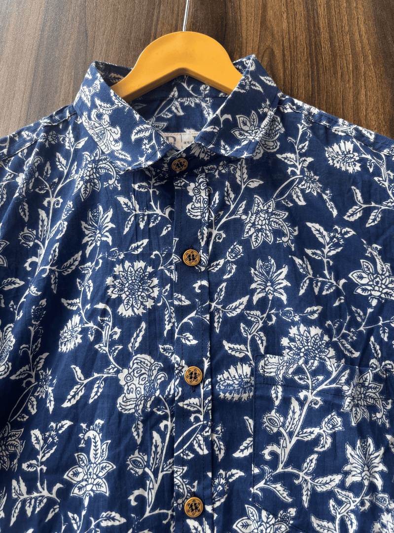 Men’s Handblock Printed Indigo Cotton Shirt – Floral Design