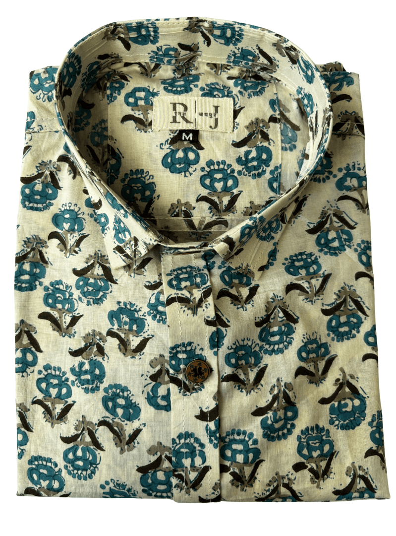 Beige & Blue Sanganeri Handblock Cotton Shirt