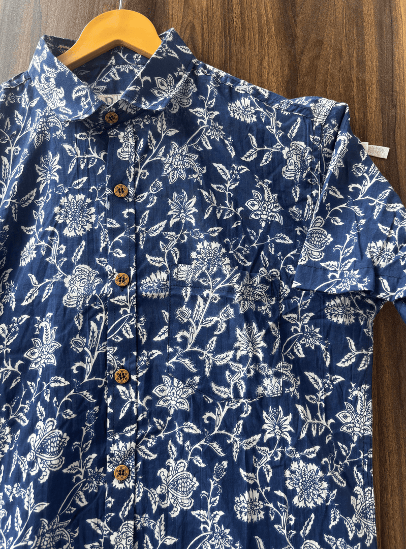 Men’s Handblock Printed Indigo Cotton Shirt – Floral Design