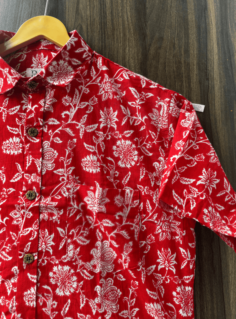 Jaipur Block Print Cotton Shirt in Red – Botanical Pattern
