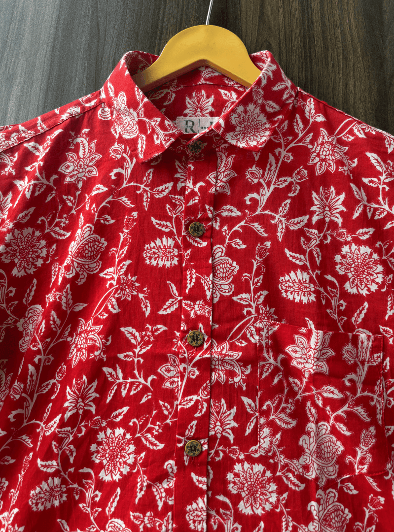 Jaipur Block Print Cotton Shirt in Red – Botanical Pattern